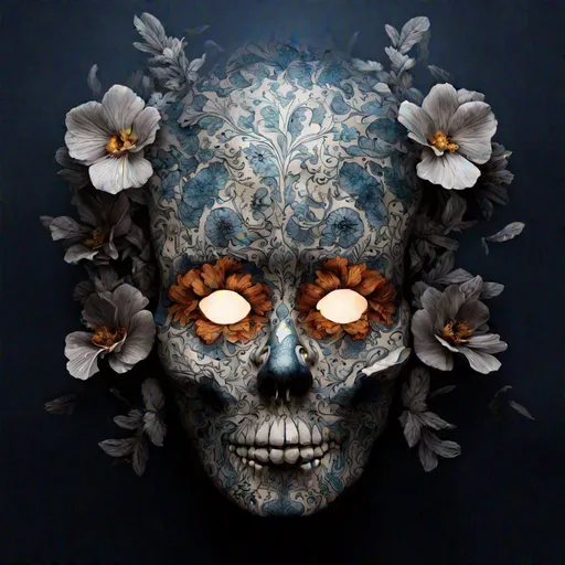 Prompt: A Voynich pansy flower as a Rorschach skull, superimposed image, illuminated projector image, dia de los muertos makeup, smiling laughing mischievous devious gas 