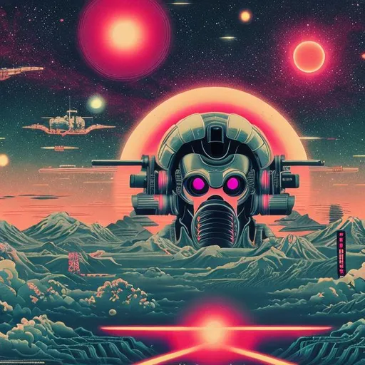 Prompt: retro imperial japan, retrowave, neon, synthwave, vaporwave, highly detailed, galaxy sky, cosmos, alien