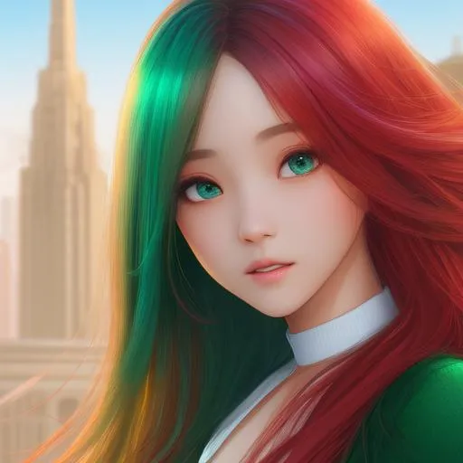 Prompt: Jisoo, girl, beauty face, detail face, long hair, red hair, green eyes, rainbow collor, full body, married dresses, city with buildings, high resolution, realistic art, ultra detailed face, concept art, high quality, detailed, best quality 8kconcept art, matte painting, HQ, 4k