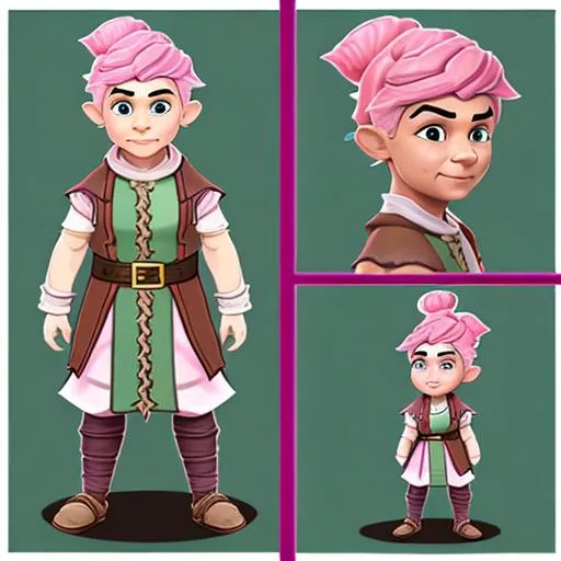 Prompt: a tabletop rpg character of gnome male, with a pink hair bun, mage without a beard and in brown clothes
