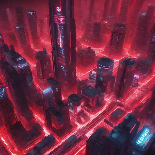 Prompt: Futuristic digital artwork of a sprawling metropolis, dominant red color tones, superchain-infused cityscape, bustling streets adorned with superchain logos, advanced skyscrapers with neon-lit superchain advertisements, high-tech infrastructure integrated with superchain logo, top-tier digital rendering, ultra-HD, cyberpunk, futuristic, red color scheme, detailed cityscape, cryptocurrency dominance, bustling streets, high-end digital art, vibrant lighting