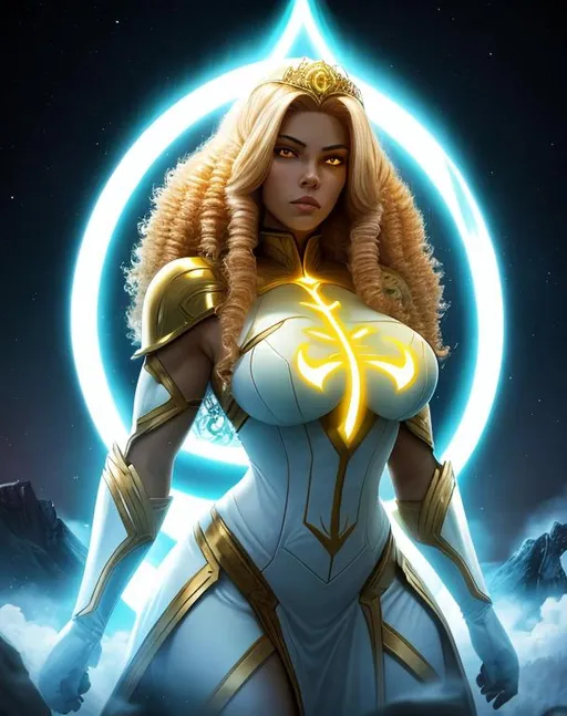 Prompt: A beautiful 25 ft tall 28 year old evil ((Latina)) light elemental queen giantess with light brown skin and a beautiful face. She has a strong body. She has curly yellow hair and yellow eyebrows. She wears a beautiful white dress with gold. She has brightly glowing yellow eyes and white pupils. She wears a gold tiara. She has a yellow aura around her. She is standing in a beautiful open field. Beautiful scene art. Scenic view. Full body art. {{{{high quality art}}}} ((goddess)). Illustration. Concept art. Symmetrical face. Digital. Perfectly drawn. A cool background. Front view 