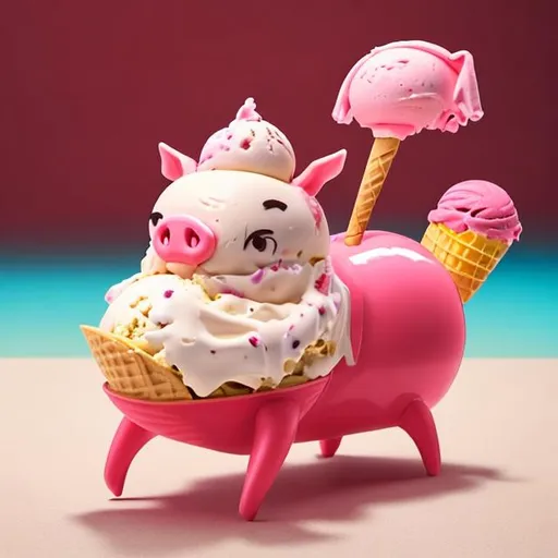 Prompt: An ice cream wearing a bikini, riding a red pig