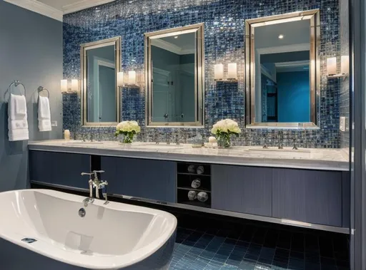 Prompt: large, luxurious hamptons bathroom, polished silver beveling, blue sapphire station tiles, shower over bath, bidet, basin, terrazzo floors. photorealism.