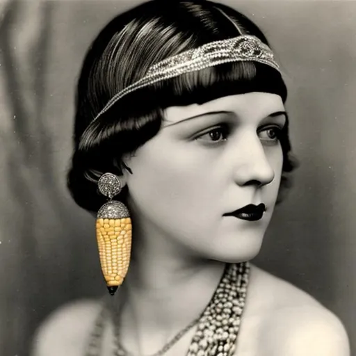 Prompt: A 1920 flapper girl wearing a large corn cob earring.