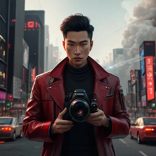 Prompt: ultra realistic man capturing his own image in front mirror, holding camera big lens, slim body, asian face, street. futuristic urban city, destroyed building. ultra realistic hologram poster, steam. Expression of intense concentration. oil painting style, red and white coat. 4k. 