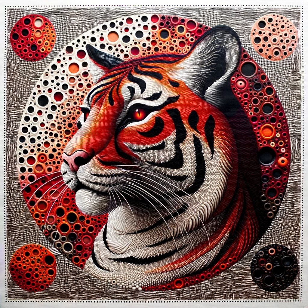 Prompt: A detailed square illustration, 'Lise', is an ode to the Chinese New Year's vibrant celebrations. It beautifully integrates animalier elements and is painted in striking red, dark orange, and black shades. The inspiration from iconic album covers is palpable, and the punctured canvas technique adds a unique texture.