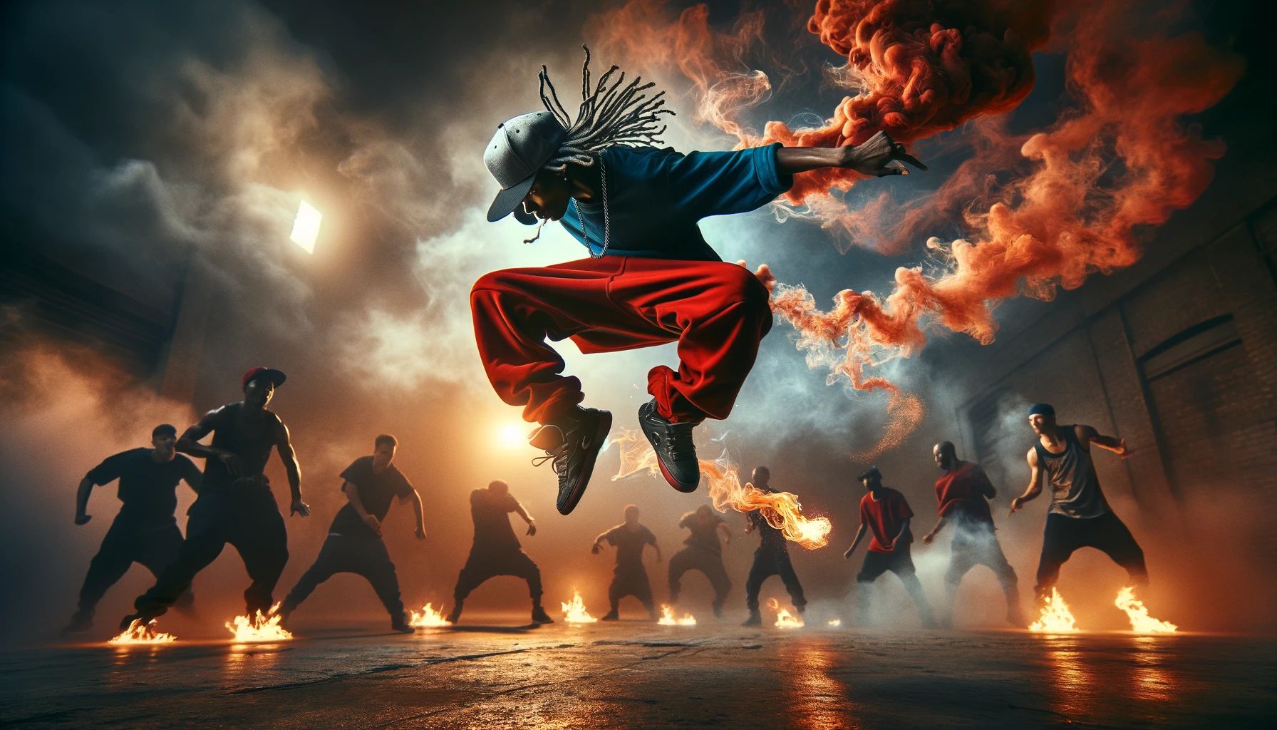 Visualize a raw photo of an energetic dance battle where the intensity of rhythm and competition is