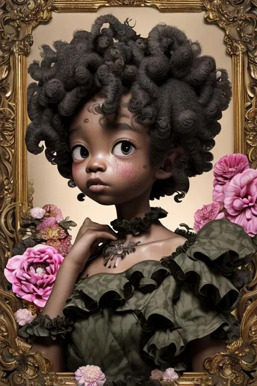 Prompt: Artwork by Daisuke Hagiwara of a black girl, curly hair, flowers in hair, olive and black dress with ruffle and bow details, light black eyes, upturned mouth, hyper detailed and intricate, ornate, (sharp focus:1.2),smooth facial, eyes, nose, hand features, vivid, vibrant, 8K 3D, (UHD:1.2), 8k resolution, character design, CloverWorks, (rendered by real engine 5)