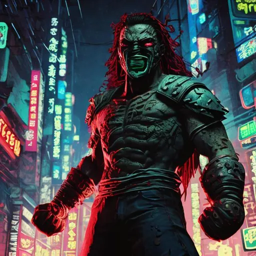 Prompt: muscular face-masked villain called BlisterFist (when he punches people, they blister and explode). Blood spatters. Very Dark image with lots of shadows. Background partially destroyed neo Tokyo. Noir anime. Gritty. Dirty. Black with neon forest green accents. armour. Kenji mask. Bionic enhancements.
