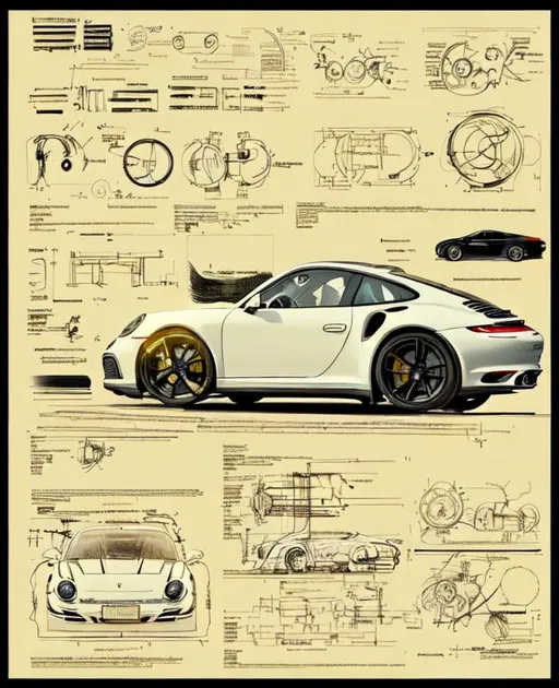 Prompt: Create a visually stunning representation of the technical documents for a Porsche 911 sports car, using photorealistic and abstract elements. The image should convey the technical precision and attention to detail that is synonymous with the Porsche brand, and should depict the various components and systems that make up the car, such as the engine, transmission, suspension, and brakes. The use of intricate diagrams, exploded views, and cutaway illustrations is encouraged, as well as the incorporation of any relevant technical data or specifications. The image should be both informative and aesthetically pleasing, and should appeal to automotive enthusiasts and design aficionados alike. The use of a dynamic and engaging composition is encouraged, as well as the incorporation of any relevant branding or logo elements.