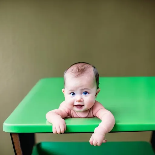 Prompt: A baby on a green table 