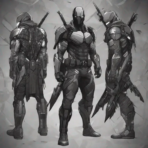 Prompt: Futuristic combat stealth soldier, arkham knight style military helmet, short helmet, sleek helmet, deathstroke, iron man style tactical armour suit, swords, post-apocalyptic setting, high-tech and tactical armor, ninja, assassin, assassin's creed, evil, sith lord, supervillain, call of duty, battlefield, shogun, viking, futurism, star wars, the punisher, mandalorian, SAS, navy seals,  weapons, germanic, samurai, dual swords, gritty atmosphere, detailed reflections on armor, best quality, highres, ultra-detailed, futuristic, post-apocalyptic, sleek design, professional, atmospheric lighting, city background, extreme utility on armour, black colour, genetically enhanced supersoldier, destroyer, death, skulls 