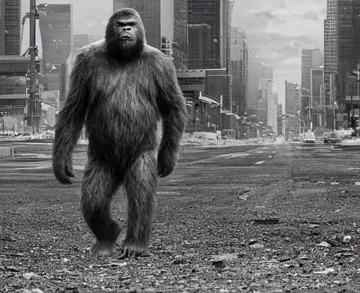 Prompt: High definition photo of sasquatch walking through a desolate cityscape 