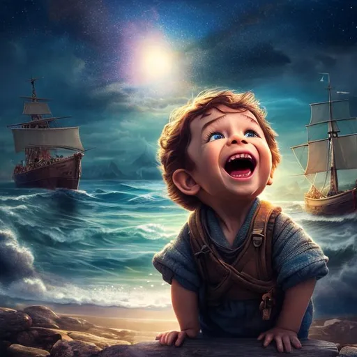 Prompt: A realistic photo of an astonished happy little boy look at a ship from shore midnight sky, natural, glamorous, wonderful, , landscape, wide view, hd, 4k, ultra realistic.