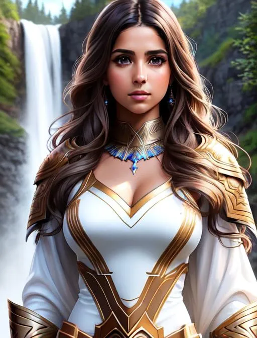 Prompt: Naomi Scott with waterfall background, sleevless parted bangs, brown hair, brown eyes, ethereal, white battle armor, jewelry set balayage wild hair, royal vibe, highly detailed, digital painting, Trending on artstation , HD quality, tan skin, Big Eyes,artgerm, by Ilya Kuvshinov 