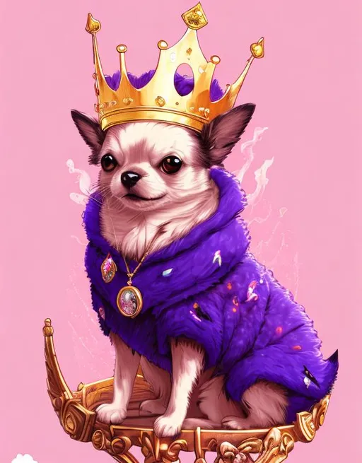 Prompt: Chihuahua Dog , Sitting in a King Chair, with a Crown , Pink Background with Clouds, high resolution , Poster , 4k , Studio Ghibli Art Style , Centered, more jewerly details