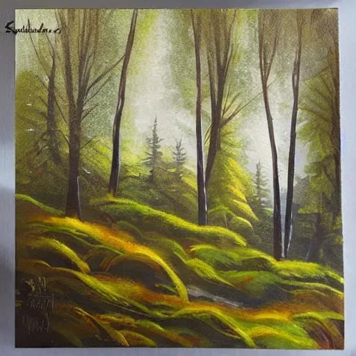 Prompt: morning dramatic landscape forest painting




