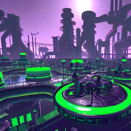 Prompt: vrchat world, the organism, megatropolis sewer with neon green, radioactive water flowing from pipes, black and green industrial sewer 