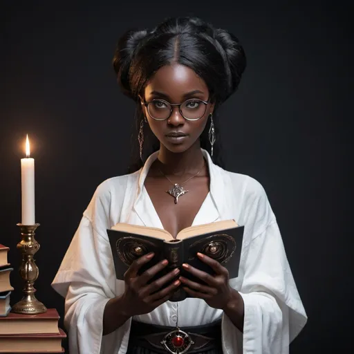 Prompt: Sorceress, black skin, intelligent, shy, decent beauty, glasses, full. Body, book in hand