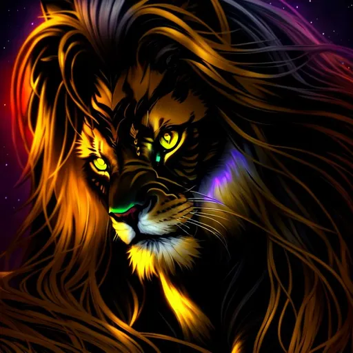 Prompt: dark, Epic, Beautiful, Plasma {African}Lion gold silver black, big dreamy eyes, beautiful intricately-colored, symmetrical, Beautiful and Gorgeous, hyper realistic, expansive psychedelic background, hyper realistic, 64K --s99500