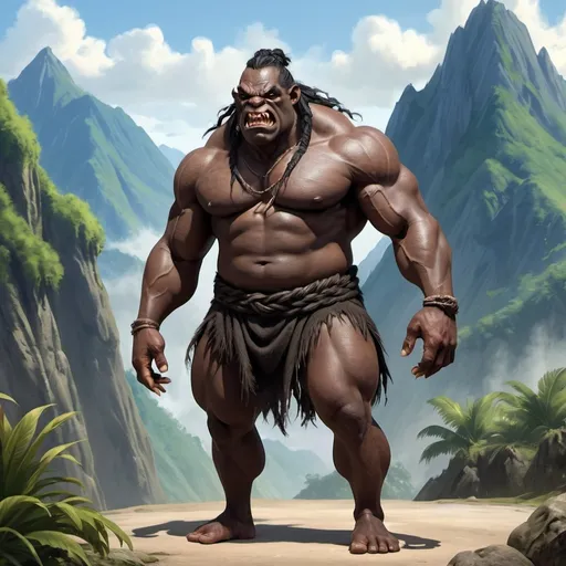 Prompt: Full body, Fantasy illustration of a male black ogre, tall and muscular, braided black hair, braided short beart, very dark complexion, loincloth, brutish expression, sharp teeth, high quality, rpg-fantasy, detailed, tropical mountain background 