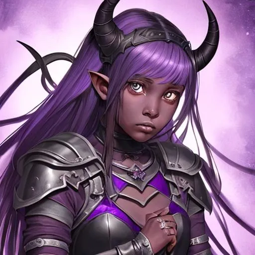 Prompt: Portrait of an adolescent, scared, innocent, beautiful tiefling girl with very dark ash skin in tattered leather armor and light purple psionic blades on her hand