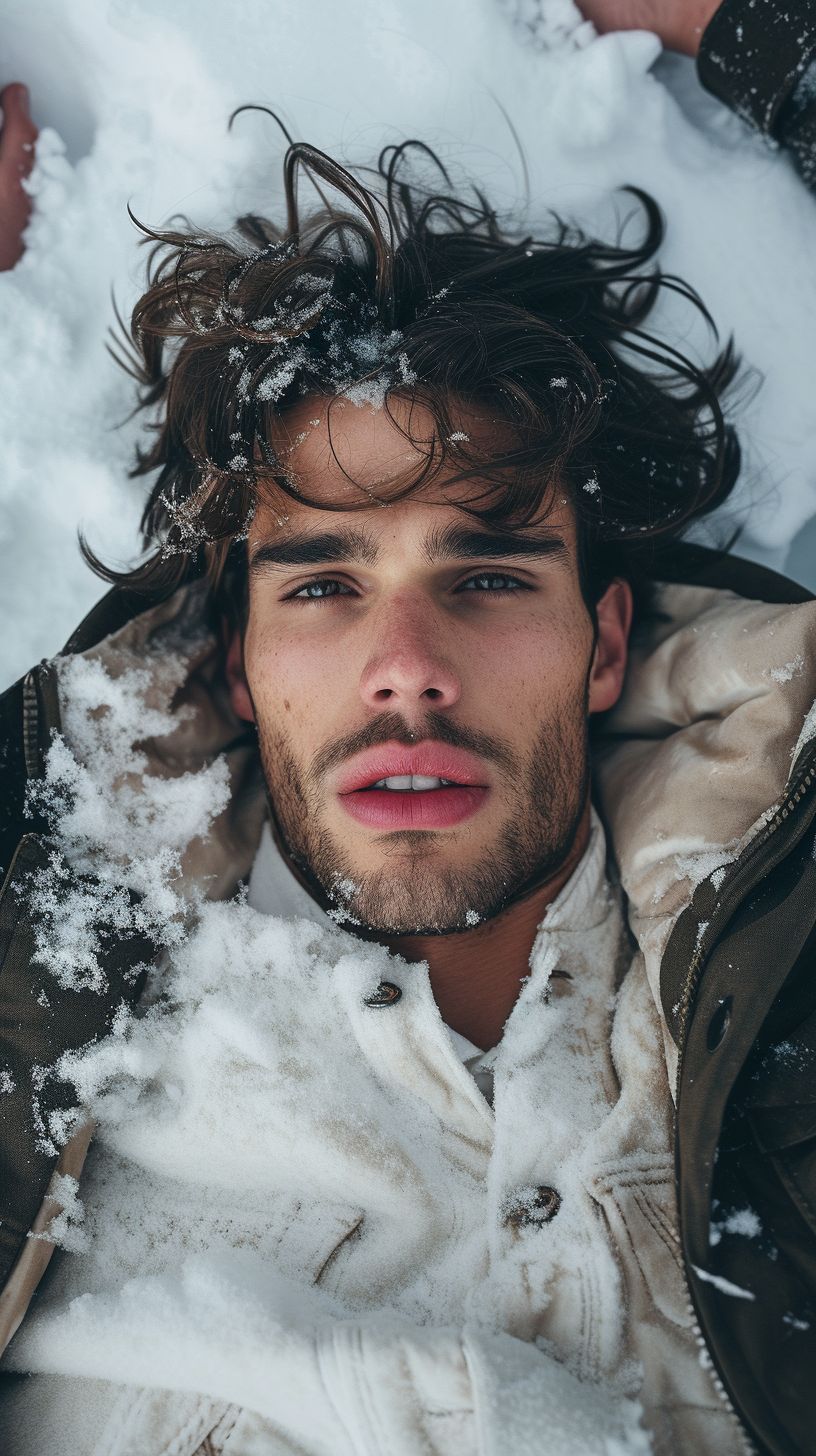 Prompt: A handsome man with an open snowjacket laying in the snow melting it from how attractive he is, his back is arched and his palms are gripping down on the snow, his eyelids are half shut leaving just the whites of his eyes, attractive pink lips, light pink blush, darkened eyes, pleasure, GQ photoshoot --ar 9:16 --v 6.0