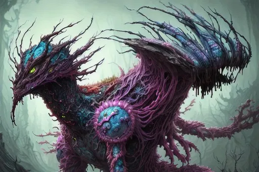 Prompt:  fungus creature , vibrant but gloomy, full epic shot, realistic art, illustration,  fantasy, dystopian, hyper detailed, concept art, smooth, sharp focus, vibrant color background,  spores