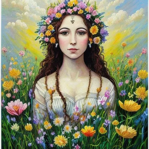 A painting of a goddess in a field of flowers | OpenArt