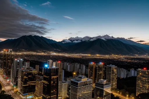 Prompt: Bogota, skyscrapers, mountains in the back., night, blue hour
