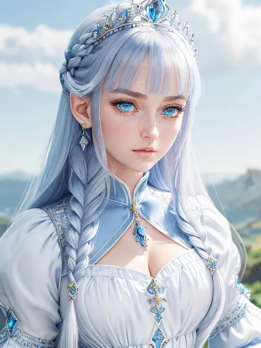 Prompt: 1 girl, queen, highly detailed blue eyes, highly detailed face, innocent looking, regal looking, regal, 8k UHD, young girl, pointy ears, divine, highly detailed blue dress, long sleeved, anime, long dress, fully clothed, fantasy kingdom backdrop, highly detailed back braided silver hair, slight front bangs, scenic view landscape, magical feel, aerial view, idyllic, overhead shot, determined