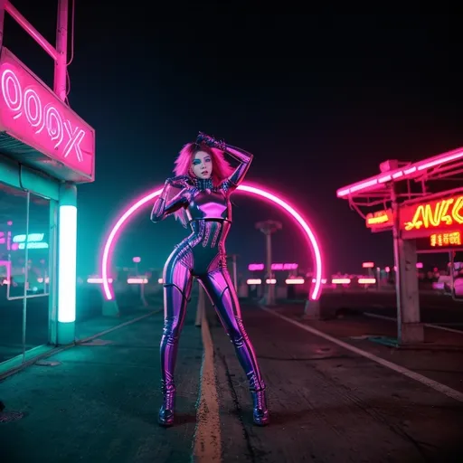 Prompt: a beautiful female demon in a dynamic pose in a retro futuristic synthwave cyberpunk neon paradise.  neon lighting, high quality, beautiful, synthwave, cyber, retro, futuristic