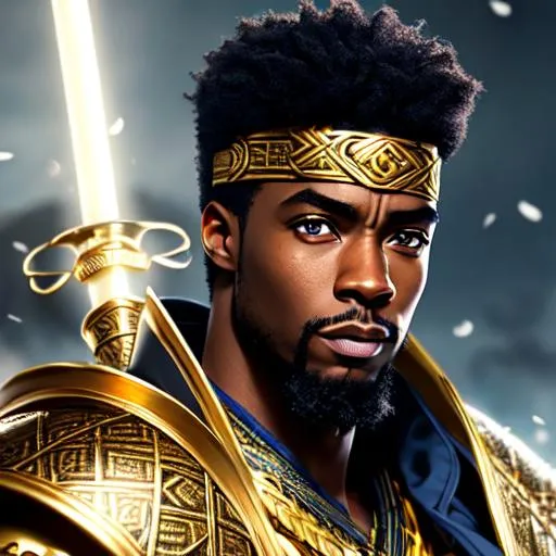 Prompt: african, ronin, knight armor, goatee, lightning, katana, high detail, fatherly, runic armor designs, detailed face, concept art, character art, gold headband, chadwick boseman, thunder storm, 4k, electric blade