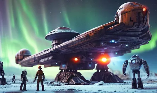 Prompt: huge old rusty spaceship getting repaired  by robots ice planet sparks fire welding people working aurora many colours   guard drinking milk enhance detail turret on spaceship real soldier thin landing gears symmetrical ship laser 