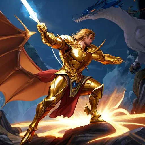 Prompt: Handsome Buff unidentifiable person in golden armor with a shining lance charging towards a dragon full body 64k resolution