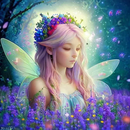 Prompt: fairy goddess of wildflowers ethereal,dreamscape, cool colors, closeup