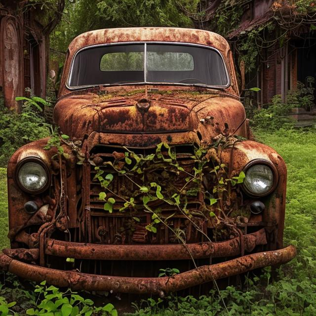 rusty old car with vines and flowers growing through... OpenArt