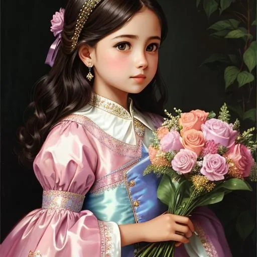 Prompt: a girl wearing royal costume and holding flowers, soft pastel color, detailed, 8k