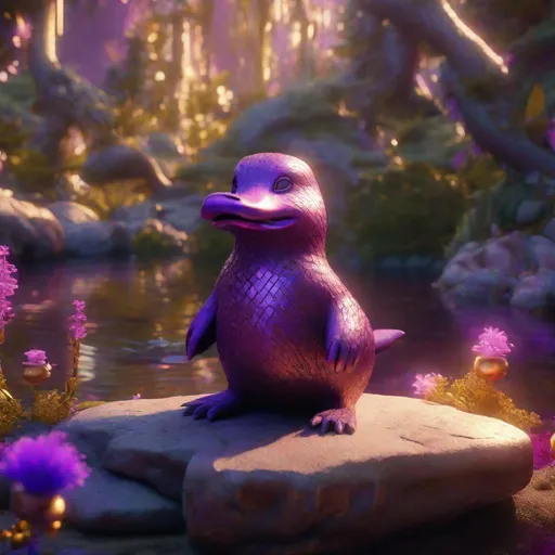 Prompt: Enchanted purple and brown platypus in the Fairyland Forest, Sitting upright on hind legs, Perched like a bird, Chic Modernist, Furry, close-up, textured, Faded, game icon, brilliant colors, surrealism, golden hour sun lighting, Hyperrealistic textures, intricate details, architectural visualization, Corona render, 8k