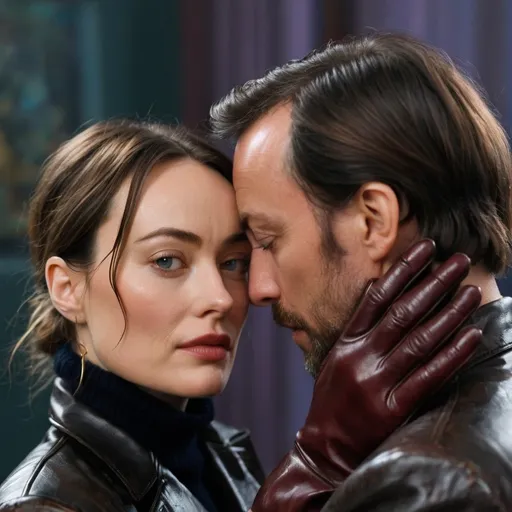 Prompt: Olivia Wilde in leather coat and her husband are looking closely at each others face in a room, she is stroking his face in her leather glove promotional image, an impressionist painting