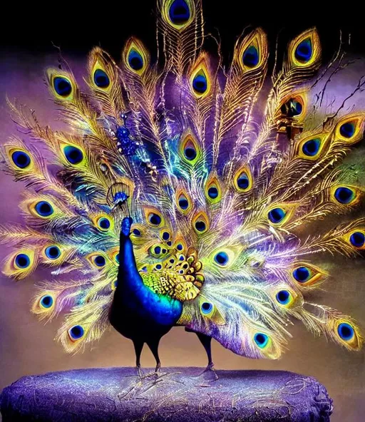 Prompt: An electric glowing steampunk peacock. By gediminas pranckevicius, Dali,  aymeric Kevin. Highly detailed. Intricate details. Best quality. 3d.
