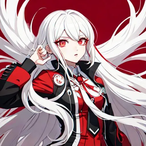 Prompt: An anime girl in the style of danganronpa who has long white hair, red eyes, fancy red clothes, and is rather dark and mysterious 