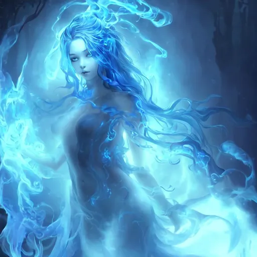 Prompt:  a young fantasy girl, she is ethereal vaporous and transparent, her skin is translucent and she is filled with cobalt smoke, her hair is Freeform smoke which flows  and swirls about her, beautiful dark chaos, swirling tones of black, cobalt and deep purple, she stands in a blue mist, snow falls all around her --ar 3:4 --iw 9 --q 2 --s 1250
