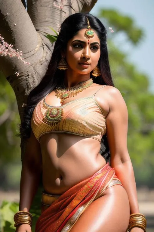 Prompt: Indian stunning moon goddess with intricately decorated kebaya, sheer peach bikini blouse, sheer disrobbed saree showing perfect oily chest and low waist, perfect sized oily chest, curvy hips, deep navel, athletic body, tone abs,  full body shot, Higan cherry trees, photorealistic, photo realistic, shot by photographer  cinematic, realistic, trending on artstation, sharp focus, studio photo, intricate details, highly detailed, by Greg Rutkowski