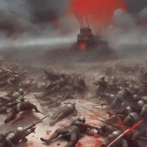 Prompt: A battlefield at the end of a bloody fantasy war. Everyone is dead