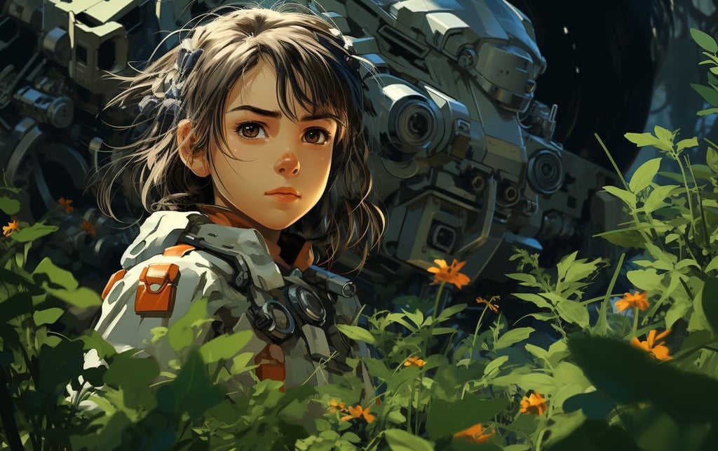 Prompt: a cute young girl holding a gun with a plant in the background, in the style of mecha anime, junglepunk, green and brown, piles/stacks, miwa komatsu, naoki urasawa, uhd image