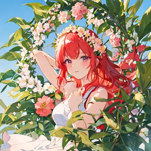 Prompt: Haley (bright red hair) blushing, 8k, UHD, wearing a white sundress, wearing a flower crown, studio ghibli style