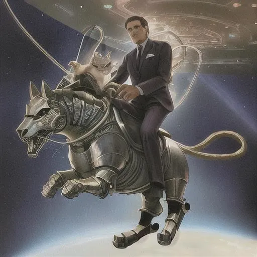 Prompt: Man riding a cat in space while wearing a suit of armor