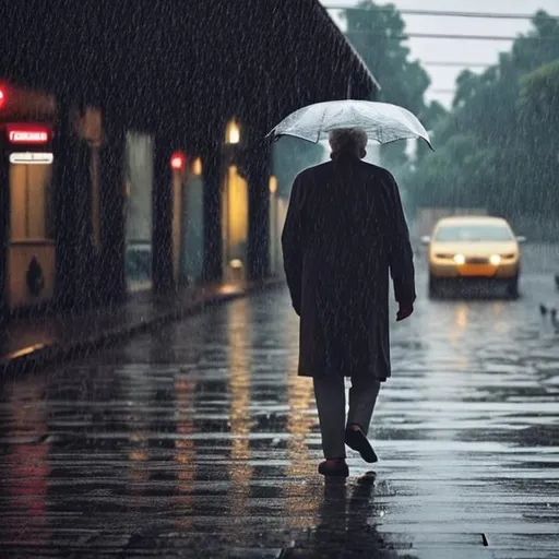 Prompt: an old man walking in the street while its raining 